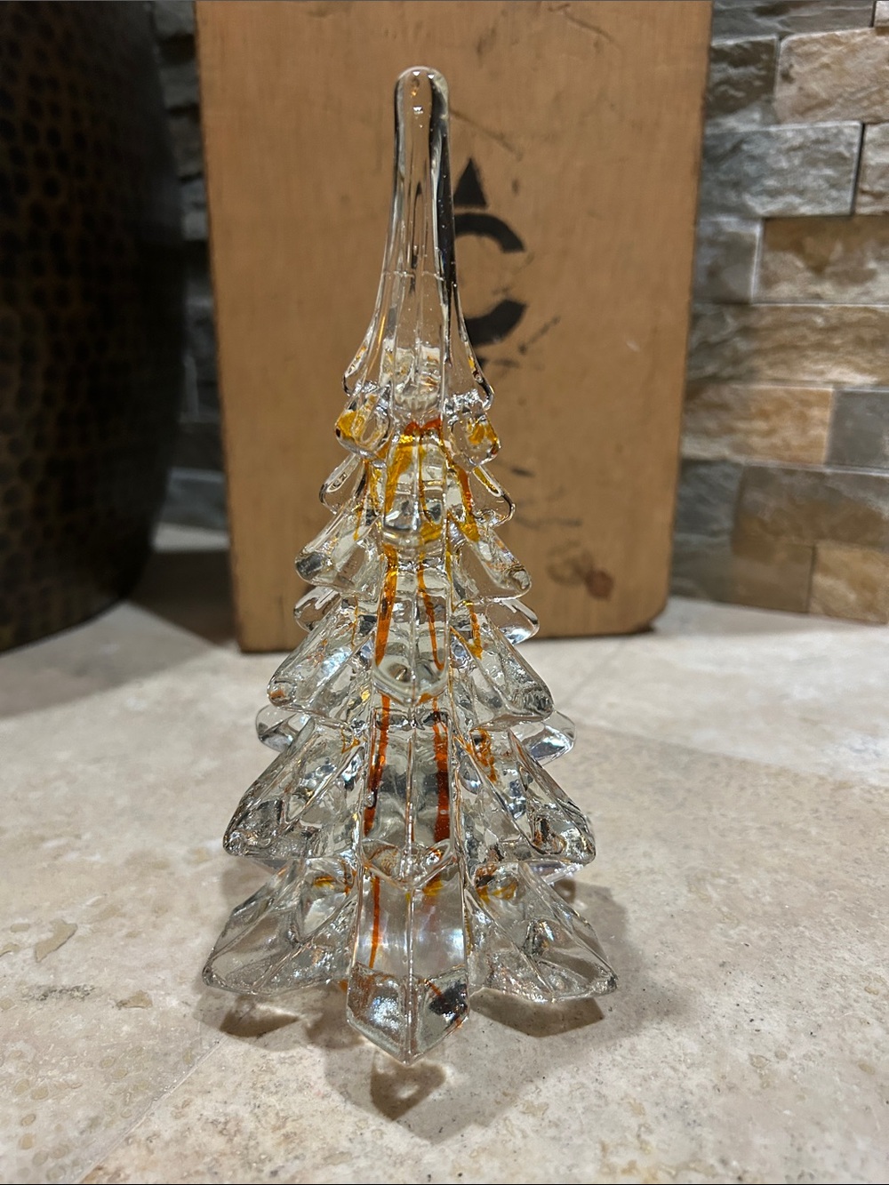 vintage clear art glass Christmas tree figurine with orange stripes - Picture 7 of 12
